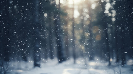 blur snow falling in pine forest scene. festive winter holiday and Christmas new year background concept - obrazy, fototapety, plakaty