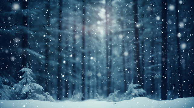 blur snow falling in pine forest scene. festive winter holiday and Christmas new year background concept