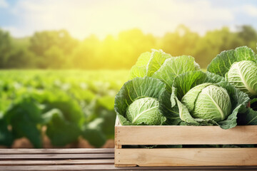 Wooden crate full of freshly picked ripe cabbage on wooden table with the field on background - obrazy, fototapety, plakaty