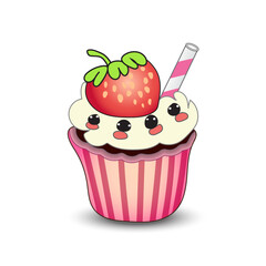 Strawberry cupcake on white background. Vector illustration EPS10.