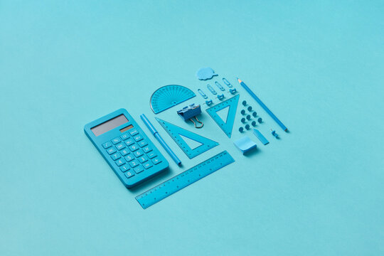 Vibrant blue-colored composition of stationery.