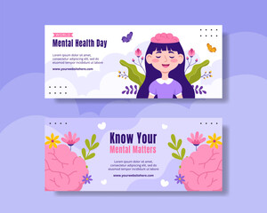 Mental Health Day Horizontal Banner Flat Cartoon Hand Drawn Templates Background Illustration