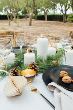 Christmas table in the forest