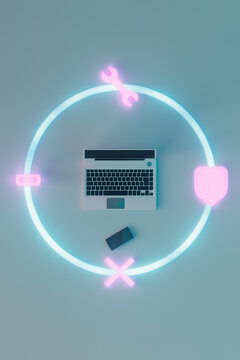 top-down view of a protected laptop and phone