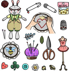 Sewing kit. Embroidery, beads, needle, pin, scissors, mannequin, buttons, thread, bunny, toy, doodle.