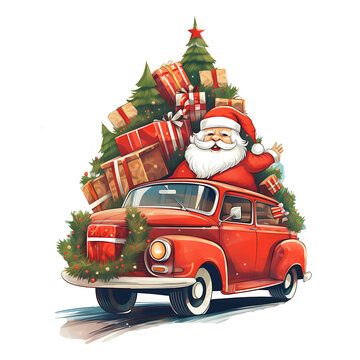 Christmas Claus Car Clipart Illustrations