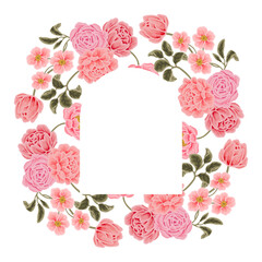 Flower frame and wreath illustration arrangements with colorful rose, peony, floral bud, and green leaf branch elements