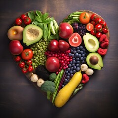 Diet choice heart health concept. heart one shaped of green vegetables fruit Heart disease and food medical health care. Generative ai - obrazy, fototapety, plakaty