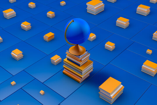 Blue globe sitting on top of a stack of book