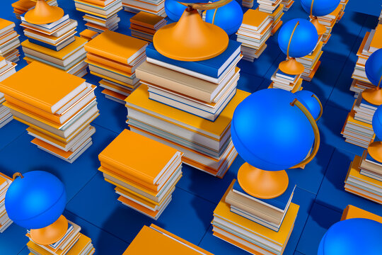 Blue globe sitting on top of a stack of book