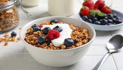 Tasty granola, yogurt and fresh berries in bowl on white tiled table, closeup with space for text. Healthy breakfast