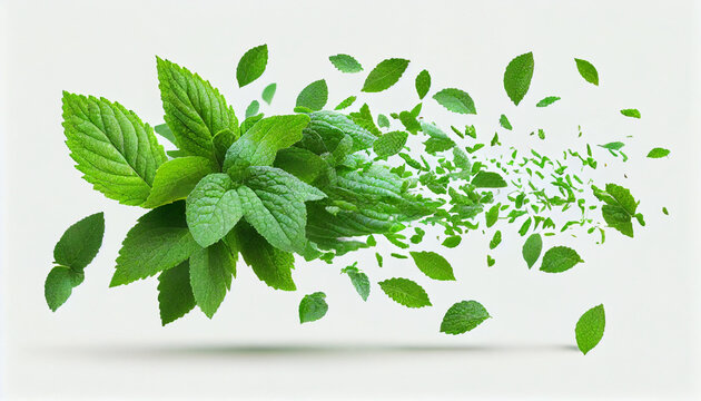 Green mint or peppermint leaves flying in air. Flow of fresh summer or spring foliage. Isolated on white background, Ai generated image