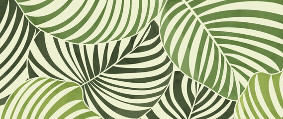 Abstract foliage botanical background vector. Green watercolor wallpaper of tropical plants, palm leaves, leaf branches, leaves. Foliage design for banner, prints, decor, wall art, decoration. - obrazy, fototapety, plakaty