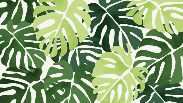 Naklejka Abstract foliage botanical background vector. Green watercolor wallpaper of tropical plants, monstera, leaf branches, leaves. Foliage design for banner, prints, decor, wall art, decoration.