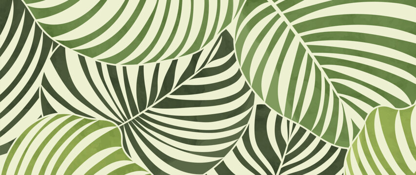 Fototapeta Abstract foliage botanical background vector. Green watercolor wallpaper of tropical plants, palm leaves, leaf branches, leaves. Foliage design for banner, prints, decor, wall art, decoration.
