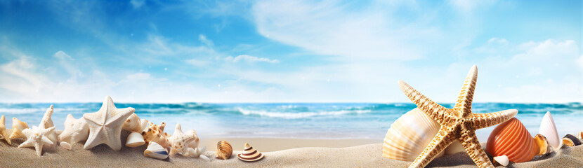 Beach summer vacation theme, concept background illustration with sea shells and starfish on sand and blue sea in background