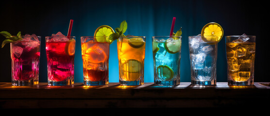 Fototapeta na wymiar An assortment of mixed drinks against a dark background