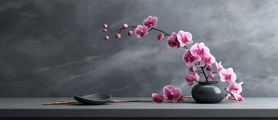 Blooming pink orchid against a dark wall. Simple elegant floral arrangement. - obrazy, fototapety, plakaty