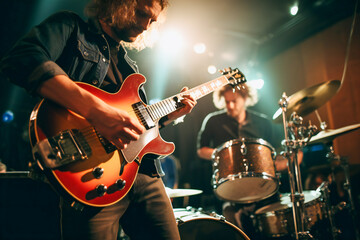 Obraz premium Jazz or rock event or festival, a person playing guitar with some drums behind