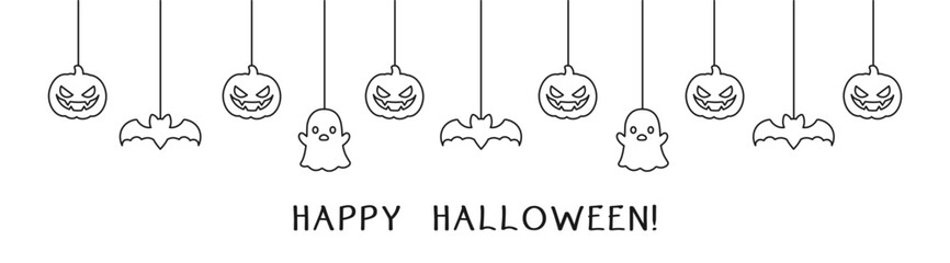 Happy Halloween banner or border with bats and jack o lantern pumpkins outline doodle. Hanging Spooky Ornaments Decoration Vector illustration, trick or treat party invitation