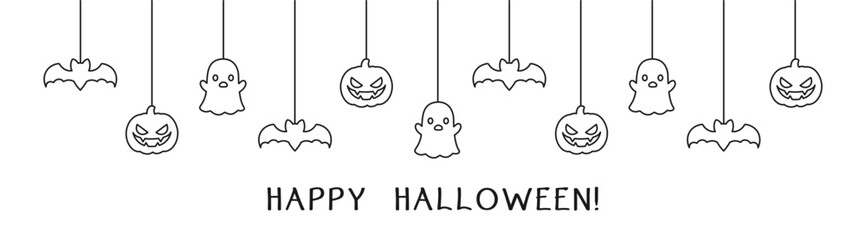 Happy Halloween banner or border with bats, spider web, ghost and jack o lantern pumpkins outline doodle. Hanging Spooky Ornaments Decoration Vector illustration, trick or treat party invitation