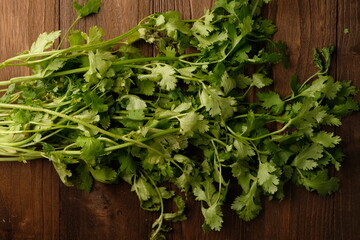 Coriander leaves on brown wooden table. Herb leaves are commonly used for seasoning. Coriandrum sativum