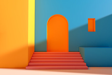A set of stairs leading up to a colorful buildings