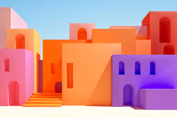 A set of stairs leading up to a colorful buildings