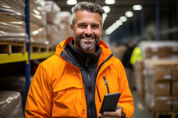 Portrait of middle aged worker holding a tablet standing in large warehouse , Employee in logistics company near warehouse racks , Created with Generative Ai Technology - obrazy, fototapety, plakaty