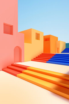 A set of stairs leading up to a colorful buildings