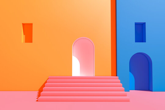 A set of stairs leading up to a colorful buildings