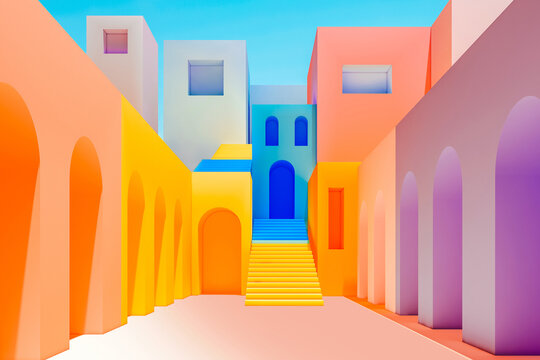 A set of stairs leading up to a colorful buildings