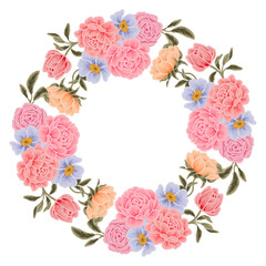 Hand drawn flowery frame and wreath illustration arrangements with colorful rose, peony, floral bud, and green leaf branch elements