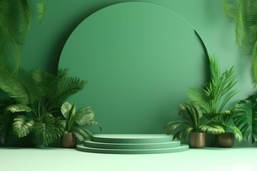 Realistic pedestal podium set 3D background with green leaves
