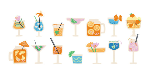 set of cocktails drawn in flat style. bar, beach, rest. vector hand drawn illustration.