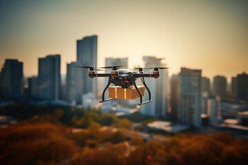Transportation drone delivery box on city sky.