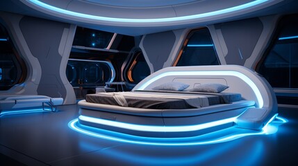 Obraz premium Interior of a futuristic luxury modern bedroom with window, neon lights, and decorative ceiling design