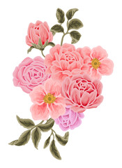 Hand drawn flower bouquet illustration arrangements with colorful rose, peony, floral bud, and green leaf branch elements