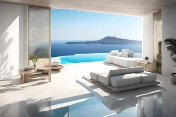 Poster Luxury beach and pool property on Santorini island 3d rendering © Ahtesham