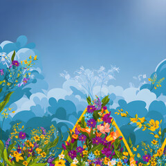 Fototapeta na wymiar summer landscape with butterflies,floral-vector-art-of-flower-creeps-composition-frame-pattern-bouquet