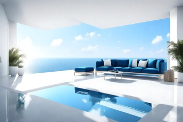 Fototapeta na wymiar Wide view outdoor terrace Modern white living room blue sofa with infinity pool in front of beautiful sea, Postproducted 3d rendering