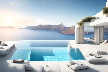 Poster Luxury beach and pool property on Santorini island 3d rendering © Ahtesham