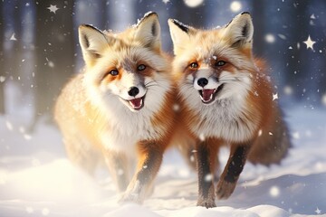 Playful red foxes amidst snowy landscape, displaying natural beauty and winter elegance. Nature's marvel.