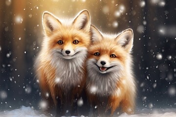 Obraz premium Charming red fox pair romps through snowy terrain - delightful winter wildlife moment. Concept of energetic red foxes in snowy wonderland.