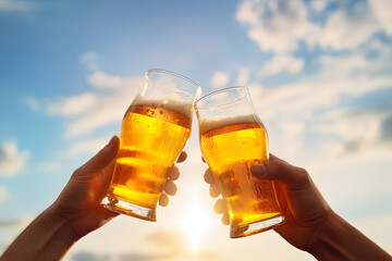 Hands toasting with glasses of beer isolated on sky background