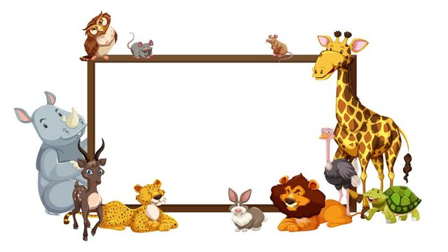 Wild animals happily interact on a wooden frame border.