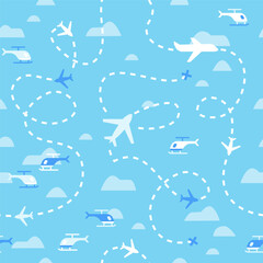 Airport Planes Seamless Pattern. Vector Illustration of Sky, Airplanes, Clouds, Helicopters Seamless Patterns.