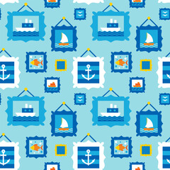 Ocean Exhibition Wall Painting Seamless Pattern. Vector Illustration of Sea. Boat and Marine themed Background.