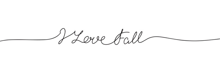 I love Fall line art text. One line continuous Autumn short phrase. Handwriting words about fall. Vector illustration.