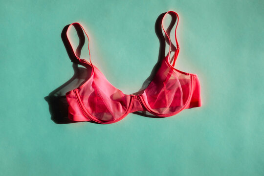 Hot pink transparent mesh bra / lingerie on a colour background